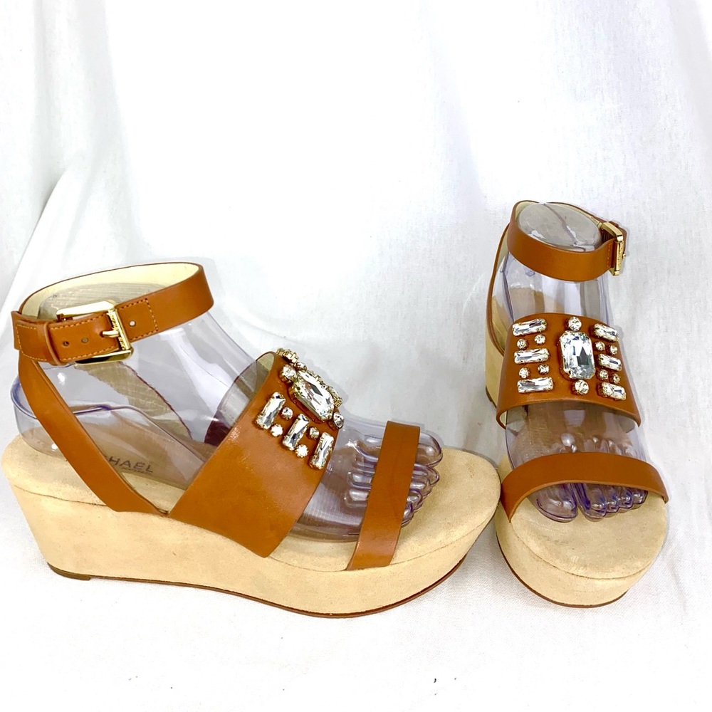 Michael Kors Tan Leather Wedge Sandals with Crystal Accents